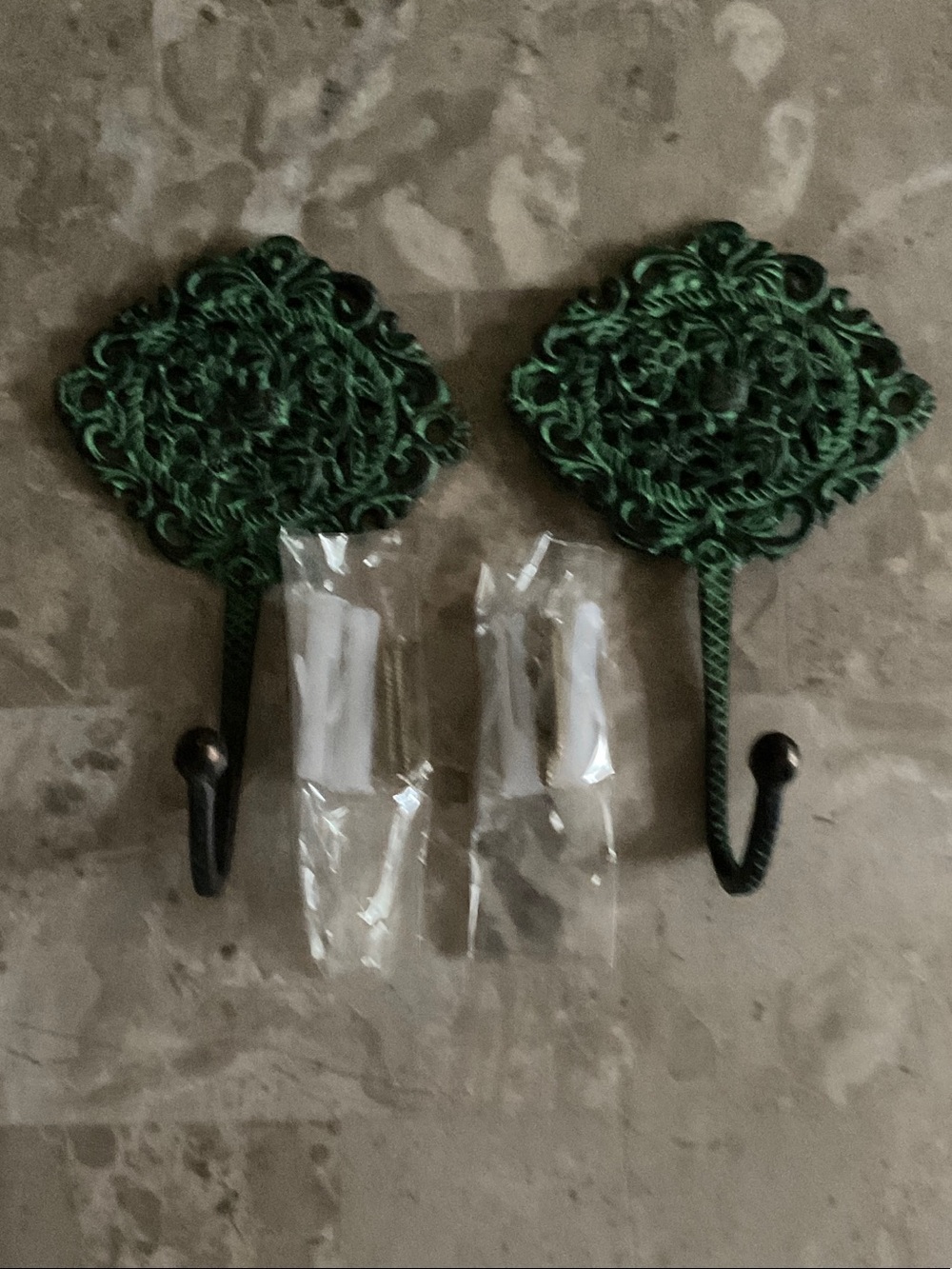 Decorative Green Cast Iron Wall Hooks - Set of 2